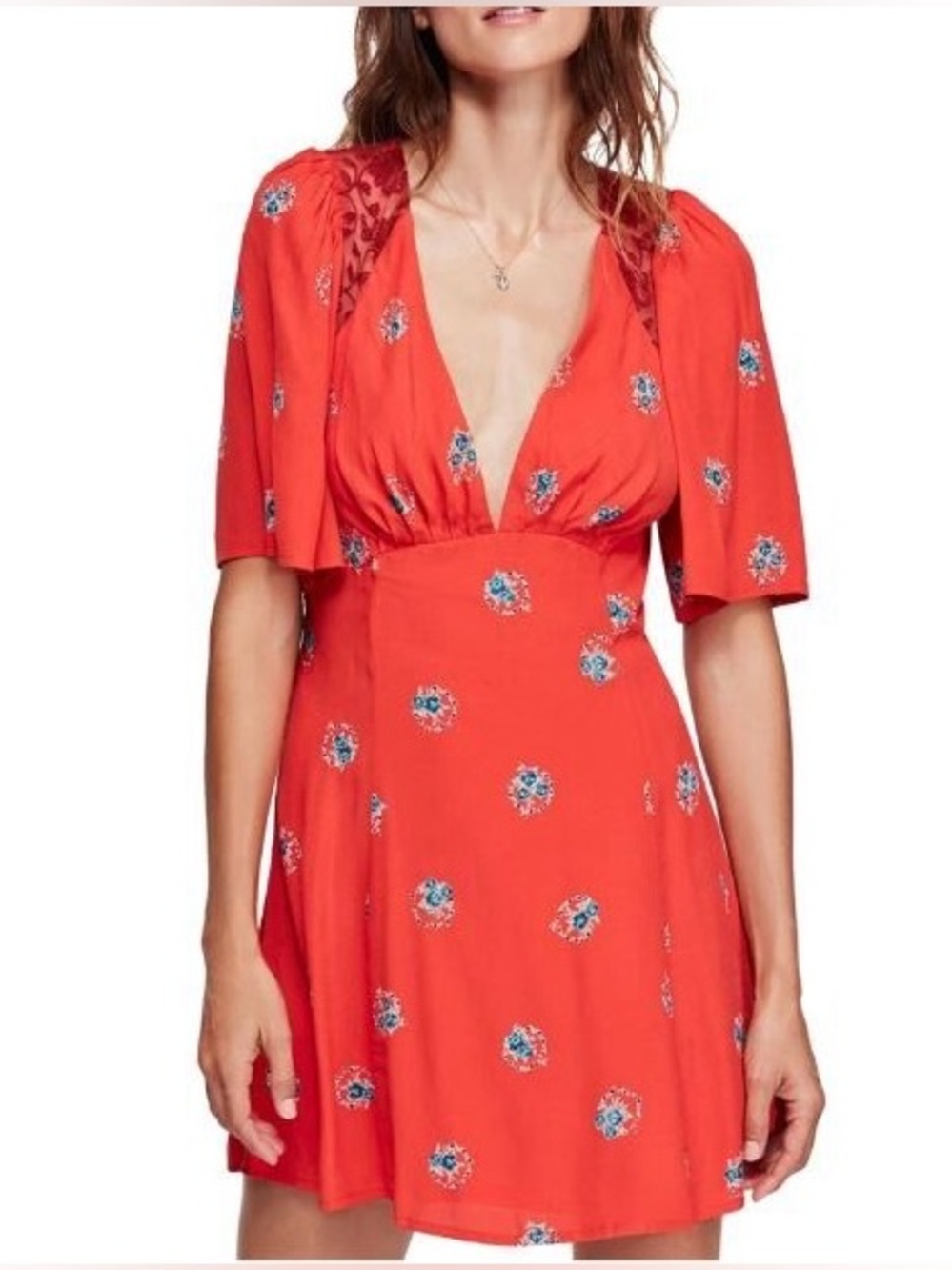 Free People Mockingbird Coral Red Floral Deep V Mini Dress - Size 10